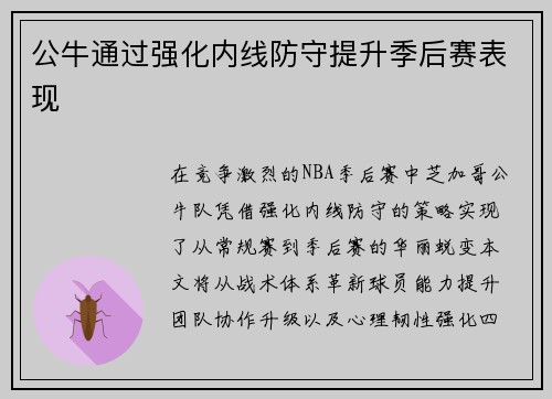 公牛通过强化内线防守提升季后赛表现