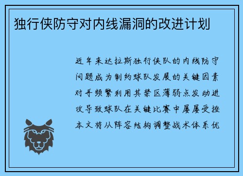 独行侠防守对内线漏洞的改进计划