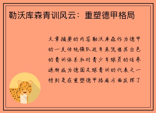 勒沃库森青训风云：重塑德甲格局