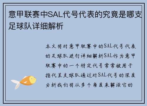 意甲联赛中SAL代号代表的究竟是哪支足球队详细解析