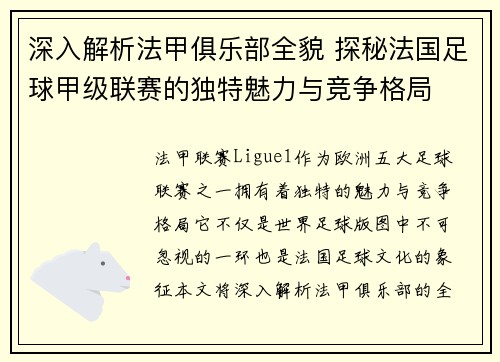 深入解析法甲俱乐部全貌 探秘法国足球甲级联赛的独特魅力与竞争格局