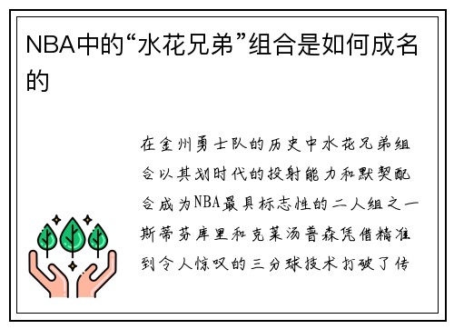 NBA中的“水花兄弟”组合是如何成名的